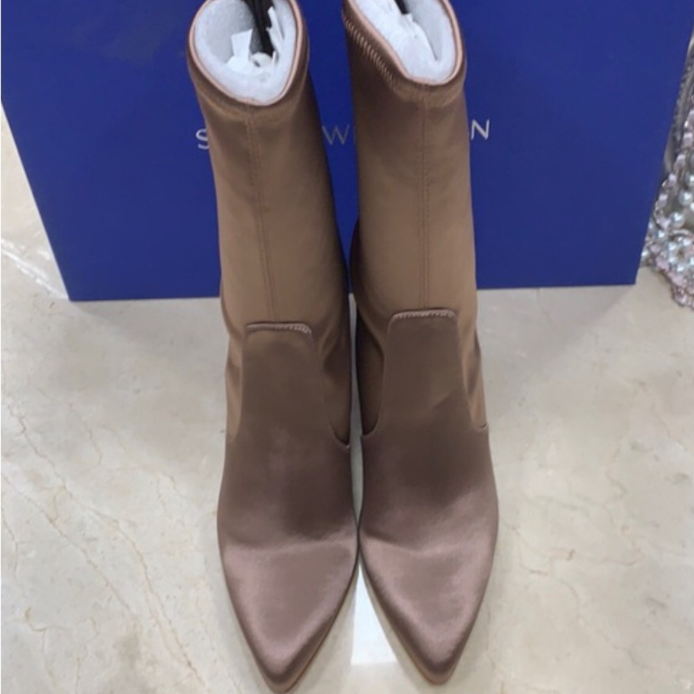 STUART WEITZMAN SATIN STRETCHY BOOTS IN OLD ROSE MADE IN SPAIN